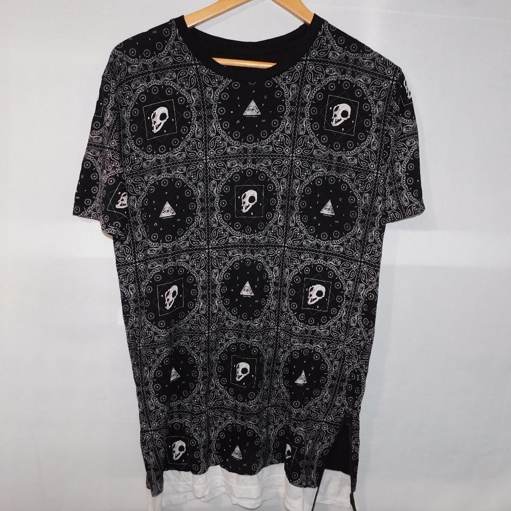 DJAB Streetwear Black White Third Eye Animal Skull T Shirt Side Zippers Mens S